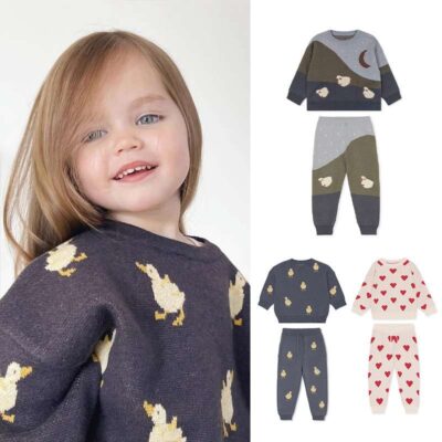 Children's Printed Woolen Suit Autumn New Style Comfortable And Warm Infant And Toddler Casual Simple Sweater Woolen Pants